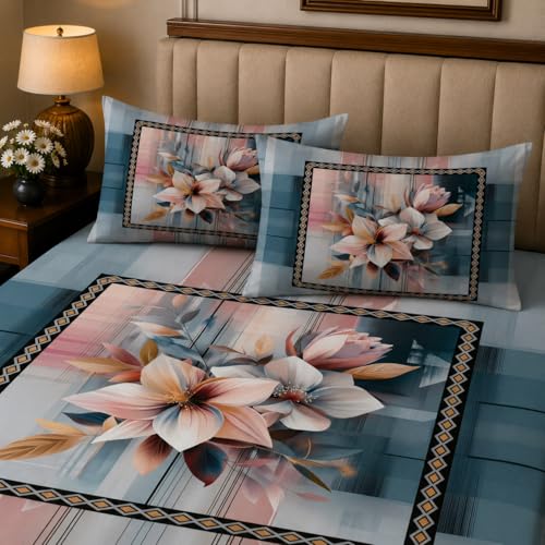 Image of 7D Digital Printed King Size Bedsheet with 2 Pillow Covers | Soft Premium Cotton Feel Microfiber Double Bed Bedsheet |Breathable,Wrinkle Free & Fade Resistant|(MultiFloral,KingSize-225x250CM)