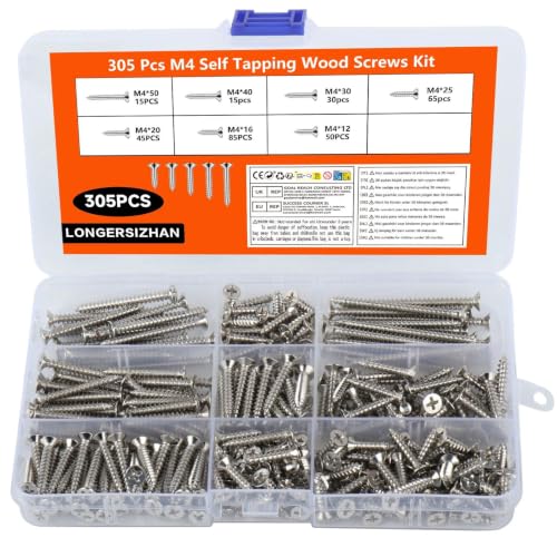 305Pcs Tornillos M4 Autorroscantes, para Madera y Metal