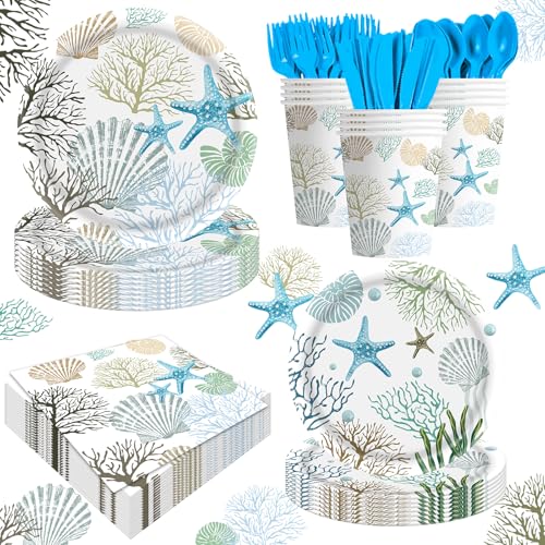 140Pcs Ocean Seashell Coastal Beach Starfish Coral Party Plates Supplies Tableware Decorations Disposable Paper Plates Napkins Forks for Birthday Summer Baby Shower, Serves 20