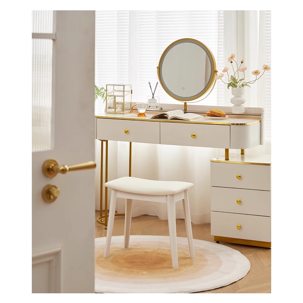 Balama Sgabello da toeletta, bianco, imbottito, 47 x 28 x 45 cm, con robusta ecopelle e gambe in plastica, leggero, fino a 150 kg