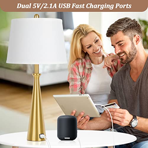 Table Lamps Set Of 2 With 2 Usb Charging Ports, Gold Beside Lamp With Rotary Switch, 26.4” Tall Brass Nightstand Lamp With White Shade, Desk Lamp With E26 Edison Socket For Living Room Bedroom Office #TOP1