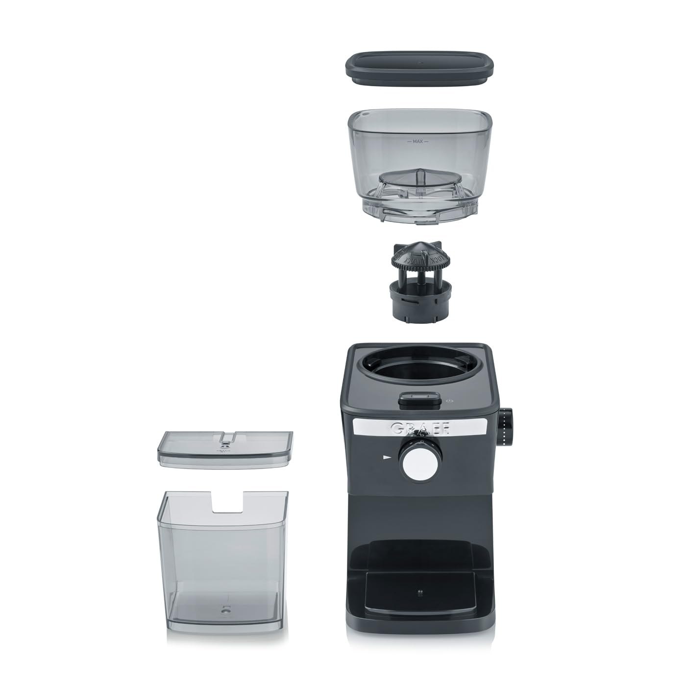 GRAEF CM252 - Moulin à café électrique, réservoir à grains 80 g, couvercle de protection des arômes, broyeur amovible, 17 degrés de mouture, 2 à 12 tasses, bouton marche/arrêt éclairé, 130 W, noir