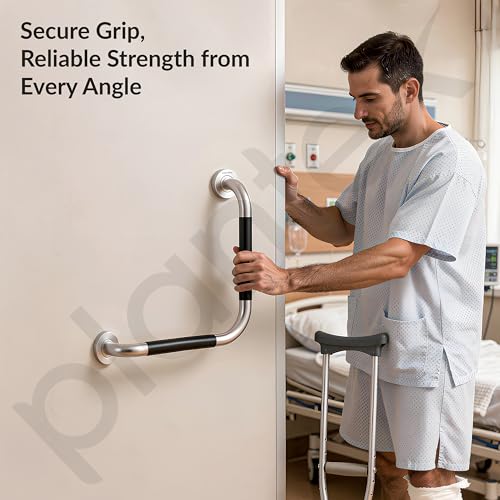 Image of Plantex L-Shape Bathroom Handle for Senior Citizen /Grab Bar for Toilet /Wall-Mounted Safety Handle Made of 304 Grade Stainless Steel - Pack of 2 (Chrome & Black)