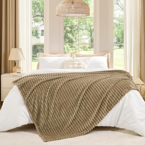 Image of BEDELITE Ribbed Jacquard Brown Fleece Throw Blanket for Couch, 50x70 Inch