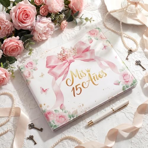 Image of MotiMind Quinceanera Guest Book with Pen 11 x 8 Inch Libro De Firmas Para 15 Anos Quinceanera Leather Hardcover Signature Guest Sign in Book for 15th Party Favors Decoration(Light Pink,Bow)
