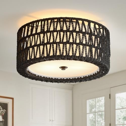12.6' Black Rattan Ceiling Light, Boho Flush Mount Ceiling Light