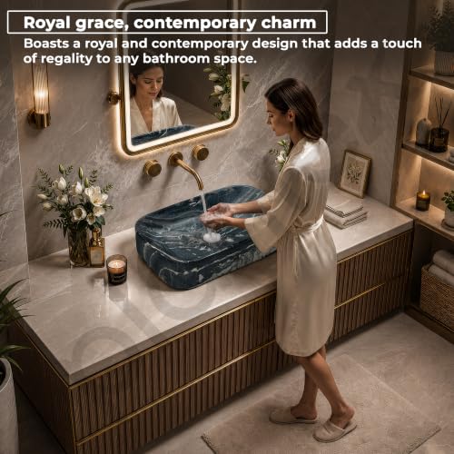 Image of Plantex Tabletop Basin for Bathroom /Ceramic Marble Wash Basin /Rectangle Countertop Hand Washbasin for Home /Office (21.5x14x5 Inch - Marble Finish)