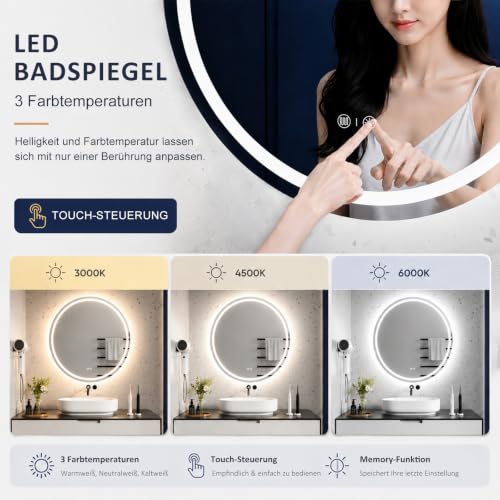 Miroir LED rond 60cm connecté intelligent avec éclairage variable et antibuée - 4