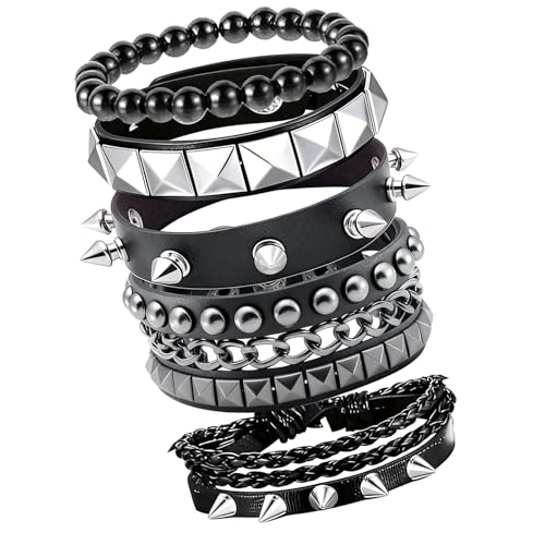Werownsgso Lot de 4 bracelets punk unisexes à rivets - Noir - En cuir - Réglable - Pour Halloween, carnaval, fête costumée
