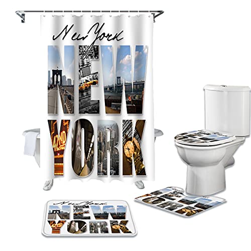 YCDtop New York Texte Anglais Paysage Durable imperméable Rideau de Douche Ensemble Tapis de Salle de Bain Tapis Housse de siège de Toilette Tapis de Sol 180x180cm(71x71in)