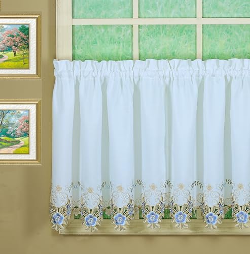 Today's Curtain Verona Reverse Embroidery Tier, 30", White/Blue, 60" W X 30" L