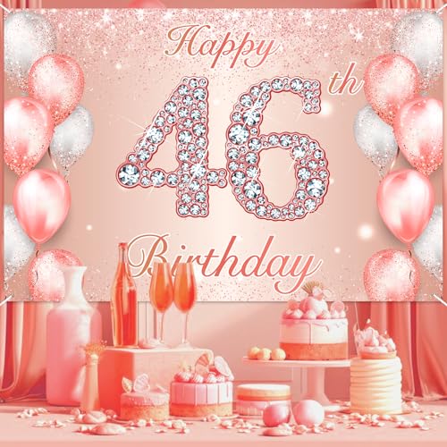Image of Happy 46th Birthday Rose Gold Banner Cheers to 46 Years Old Backdrop Confetti Balloons Theme Decor for Women 46 Years Old Pink Birthday Party Decorations Bday Supplies Background Favors Gift Glitter