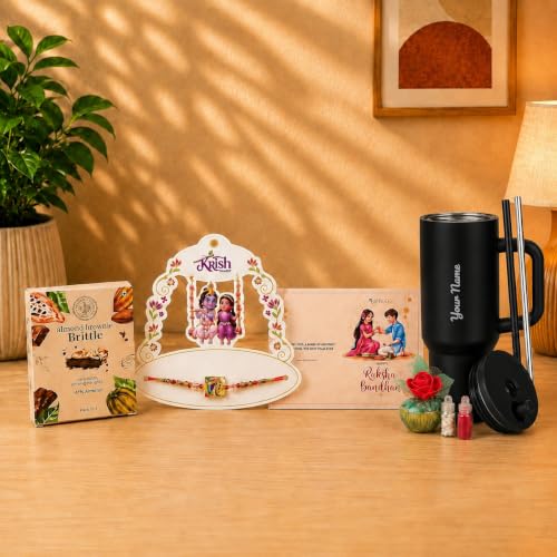 Image of Giftana Rakhi Gift Set for Brother, Personalized Coffee Tumbler 710ml, RadhaKrishna Rakhi with Brownie Brittle, Roli Chawal Set for Raksha Bandhan Gift for Brother, Bhai (Black)