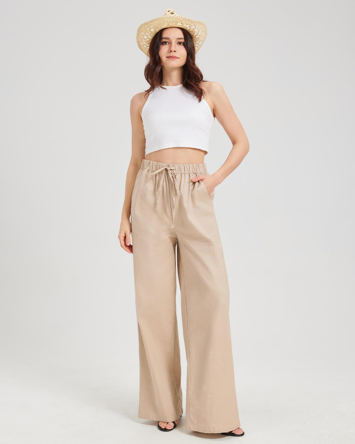 Zylioo Womens Linen Pants Long Length Tall, Palazzo Pants for Ladies 32-30 Inseam, High Waist Wide Leg Casual Pants, Black Summer Trousers - Image 3