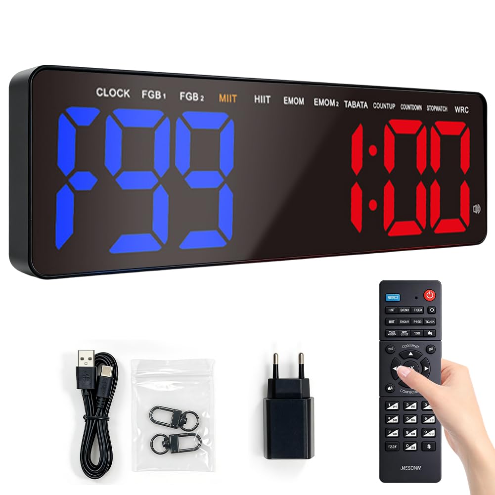 Siłownia timer, timer interwałowy z odliczaniem / up, stoper, duży, 16,5" LED, cyfrowy zegar ścienny do treningu fitness, HIIT, Tabata, domu, garażu