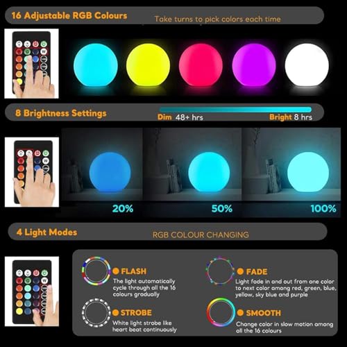 LED Ball Light, 6-inch Glowing Orb Light, Rechargeable Globe Lamp, Dimmable Mood Light W/Remote, Waterproof Ambient Lighting Lamp for Desk Bedroom Bathroom Patio - Image 3