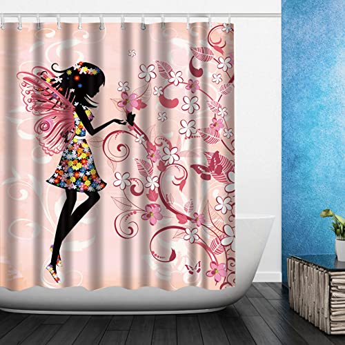 Amagical 16 Piece Girls Shower Curtain Set Bathroom Mat Set Fairy Decor Bath Mat Contour Mat Toilet Cover Pink Butterflies And Flowers Beautiful Glamour Girl With Colorful Floral Dress Angel Wings #TOP1