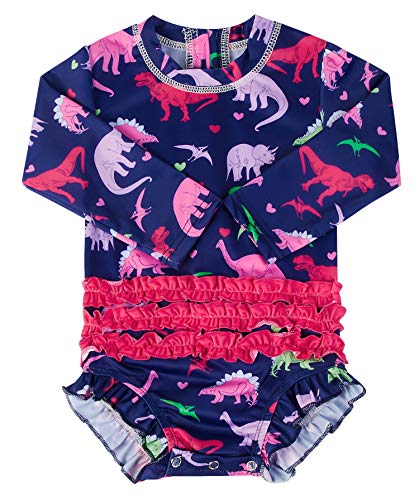 Baby Girls Rash Guard Sets 12-18 Months One-Piece Toddler Swimsuit UPF 50+ Sun Protection Swimwear Dinosaur Long Sleeve Bathing Suit with Zipper