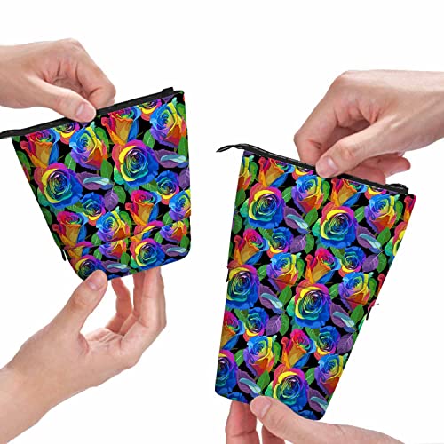 Swono Roses Pencil Case Multicolored Rainbow Standing Pencil Case Pencil Holder Pencil Pouch Cosmetics Pouch Makeup Office Bag Black