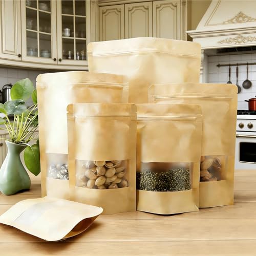 Ezitruz Sachet Kraft Alimentaire, 65 Pièces Sachet Kraft Fenetre 9x14 cm Emballage Pochette Réutilisables Sac Papier Alimentaire Refermables pour Noix Snacks Bonbons Grains de Café – vue 2