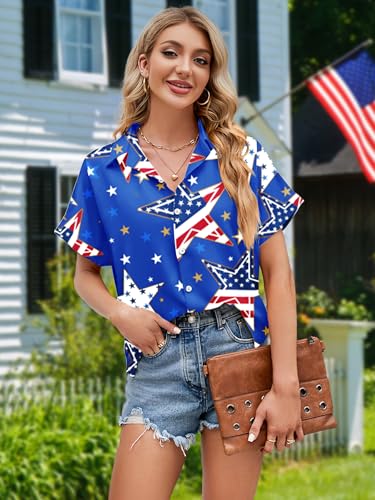 Image of American Flag Shirt for Women 4th of July USA Button Up Tops Summer Hawaii Floral Patriotic Stripes Graphic Tee