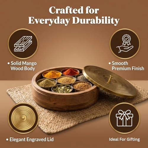 Image of Masala Dani Wooden Masala Box for Kitchen with Spoon, Acacia Wood 7 Detachable Containers (120 ML Each) - Masala Box Wooden Traditional Spice Organizer for Kitchen Storage & Spice Box Gift