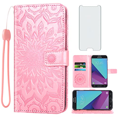 Phone Case for Samsung Galaxy J7 Prime 2017 J 7 Skypro Sky Pro J7V V S727VL Wallet with Tempered Glass Screen Protector Leather Flip Cover Card Holder Cell Glaxay Halo 7J Perx J7prime Women Rose Gold