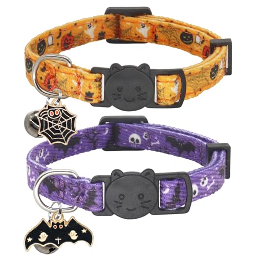 Giecooh Halloween Cat Collar Cotton 2 Pack Cat Collar with Bells Breakaway Collars for Girl Boy Cats Kittens Halloween Purple