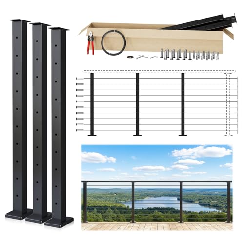 Muzata 8-12FT Modular Black Cable Railing Kit 36 Inch 3 Level Post Kit Complete Set Cable Railing System for Decks Length Adjustable Easy DIY with Paper User Guide (No Handrail) RW17