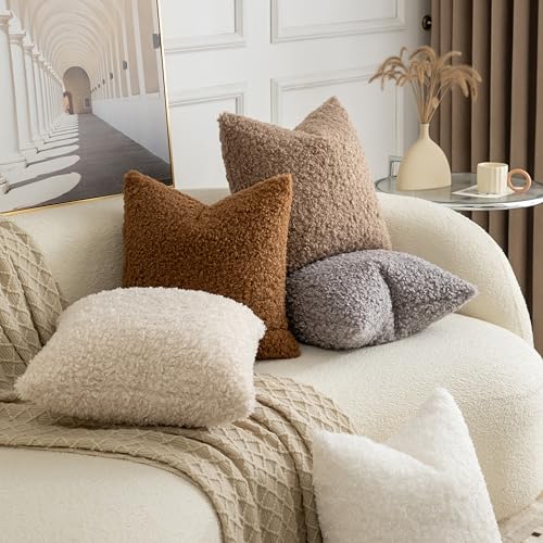 Image of Pack of 2 Curly Teddy Wool Faux Fur Throw Pillow Covers Fuzzy Accent Soft Sherpa Pillowcases Sheepskin Fleece Decorative Cushion Case for Sofa Couch Living Room 20x20 Inch Khaki
