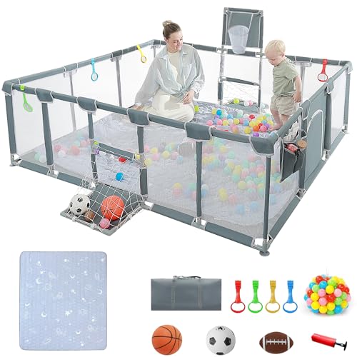 Baby playpen, 79″x71″Baby Playpen with Mat Indoor＆Outdoor Playpen for Babies and Toddlers with Breathable Play Pen with Ocean Balls Hanging Pocket Basketball Hoop and Football Goal