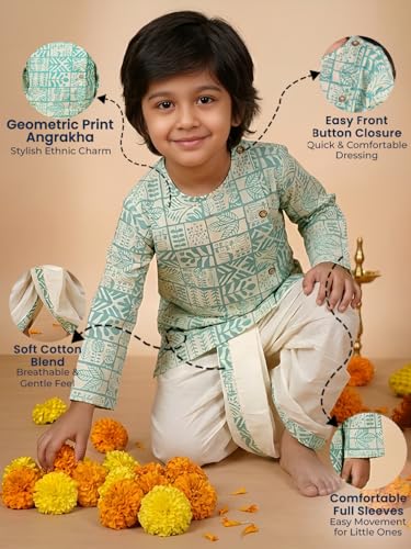 Image of POLKA TOTS 100% Cotton Elegant Traditional Dhoti Kurta Set for Baby Boys | Ultra-soft Cotton Ethnic Dress for Festivals and Weddings | Traditional Angrakha Dress for Kids Boys