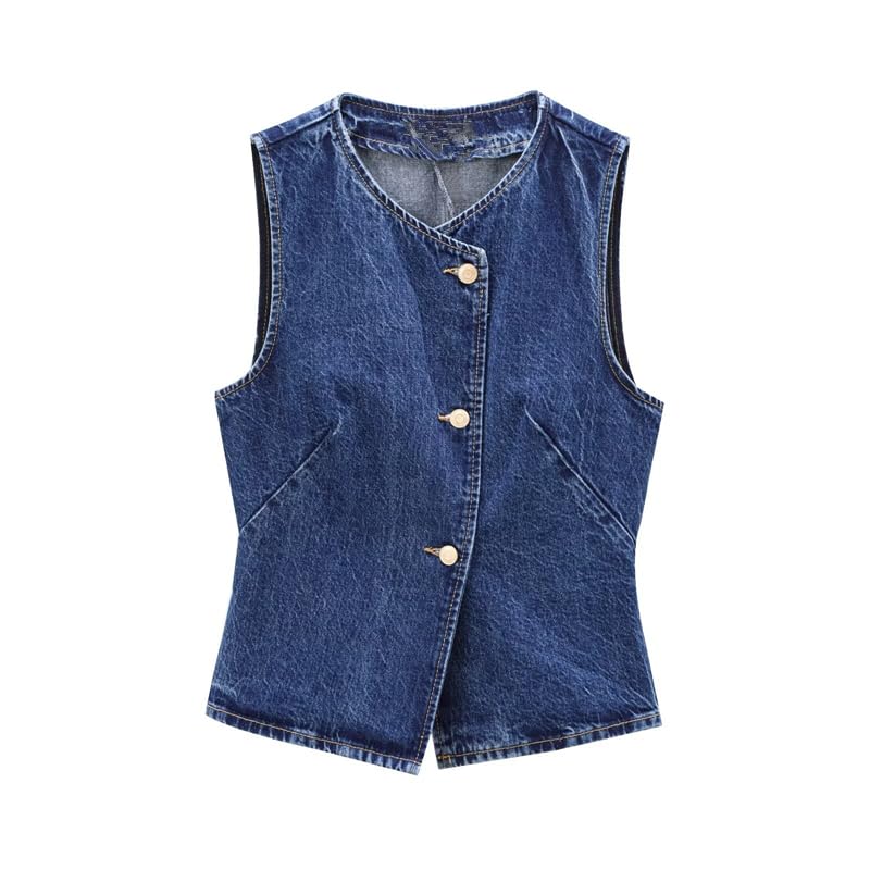 Minimalist Basic Blue Denim Vest Women Tank Tops Single Breasted Vintage Vest