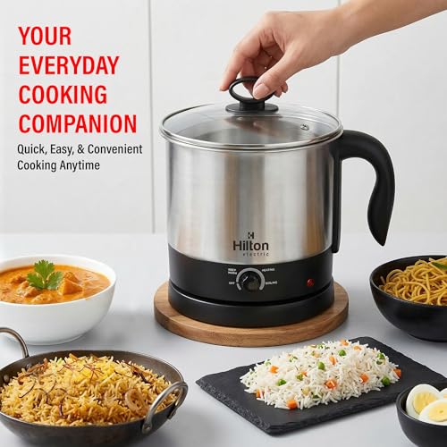 Image of Hilton 600W Multipurpose Electric Kettle with Steamer, Stainless Steel Body, Cool Touch Handle, Auto Shut-Off for Boiling Eggs, Water, Milk, Noodles & Soup, 1.5Ltr, Black & Silver