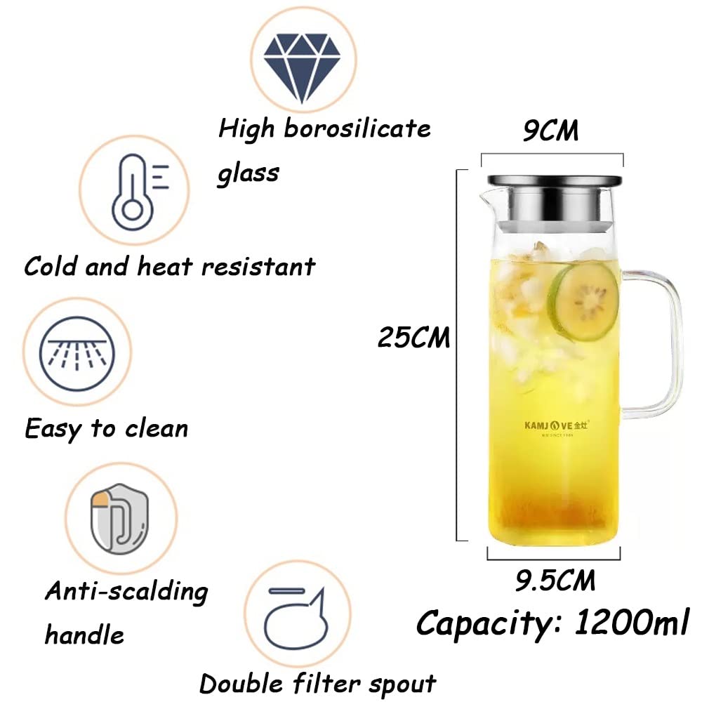 Nff Jarra De Cristal, Jarra De Cristal De 1,2 L con Tapa, Jarra De Agua De Cristal De Gran Capacidad con Asa Apta For Zumo, Té, Leche, Café