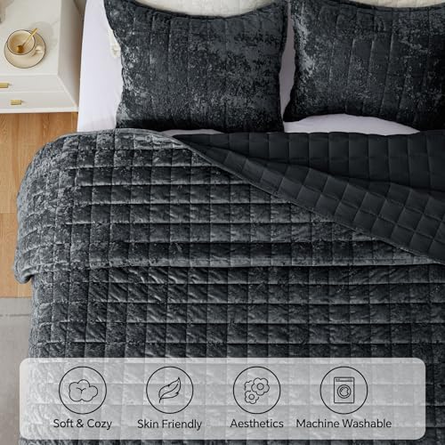 BEDELITE Velvet Quilt Set Queen Size - Luxury Velvet Comforter Bedding Set 3 Pieces, Soft Cozy Black Oversized Bedspread Coverlet for All Seasons with 2 Pillow Shams
