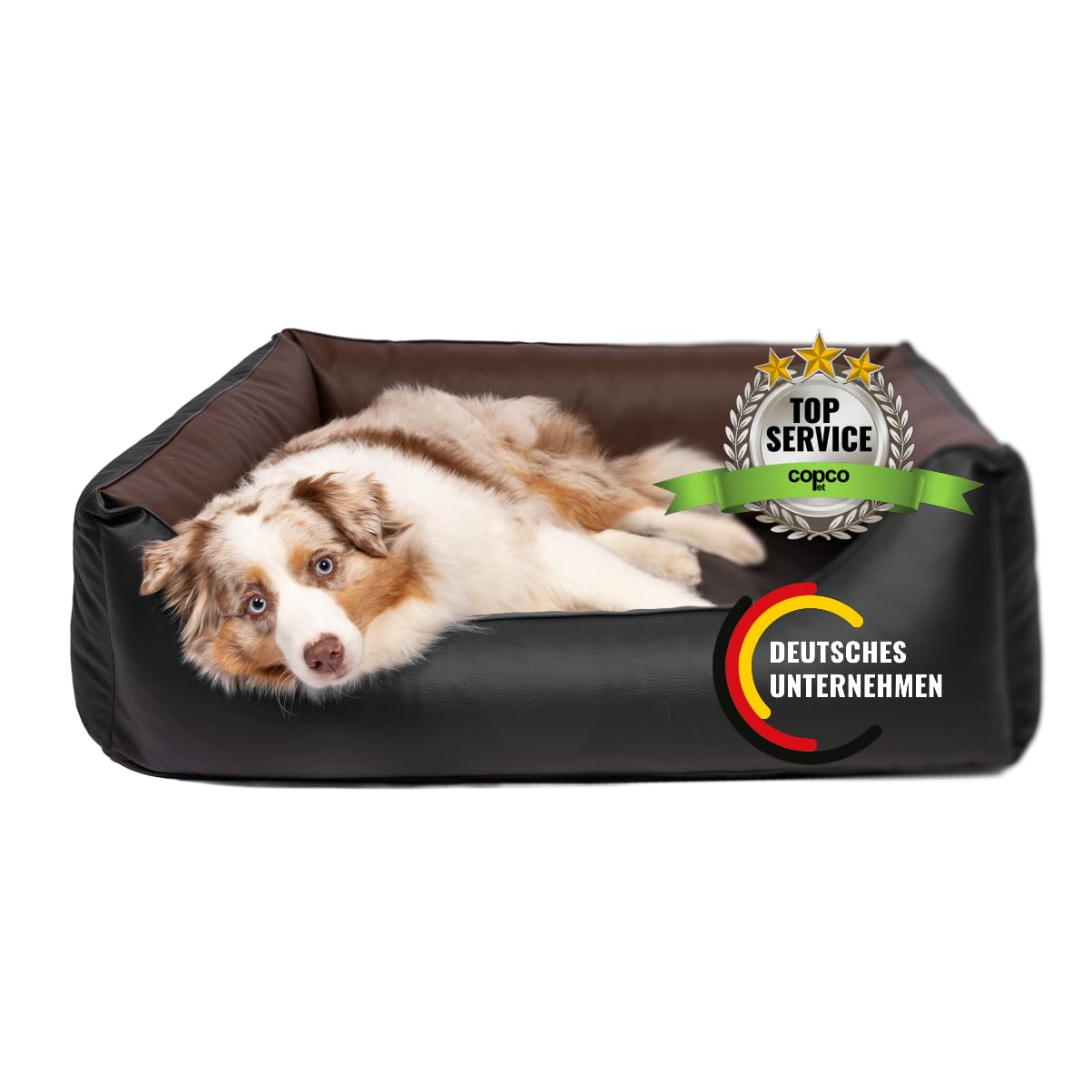 CopcoPet Hundebett Kunstleder Grosse Hunde – Waschbares Hundekissen 【Wendebett】 Hundebett Leder - Formstabiles Hundesofa - Hundekörbchen mit erhöhten Rand, Dog Bed Schwarz/Braun 110 x 90 cm