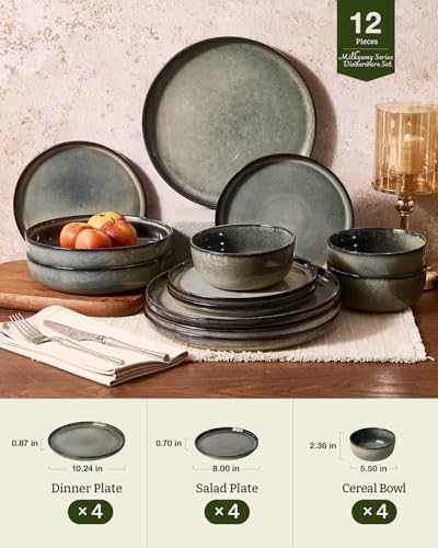 Image of Famiware Milkyway Stoneware Dinnerware Set, 12-Piece, Double Reactive Glaze, Plates and Bowls, Service for 4, Microwave and Dishwasher Safe, Scratch-Resistant, Greenish Brown