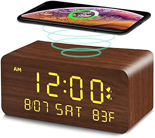 Andoolex Wooden Digital Alarm Clock with Wireless Charging, 0-100% Adjustable Brightness Dimmer and Alarm Volume, Weekday /Weekend Mode, Dual Alarm, Snooze, 12/24H, Wood LED Clock for Bedroom (Brown)