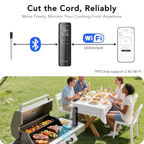 BFOUR WiFi Wireless Meat Thermometer with Smart Standalone LCD Base, ±0.5℃ Accuracy, Bluetooth Grill Thermometer with APP Control, Roasting Thermometer for Indoor and Outdoor