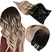 Produktbild Easyouth Klip Haarverlängerung Echthaar für Frauen Farbe Aus Schwarz mit Aschblond 22 Zoll 100g Remy Clip on Haar Extension Double Weft Extensions