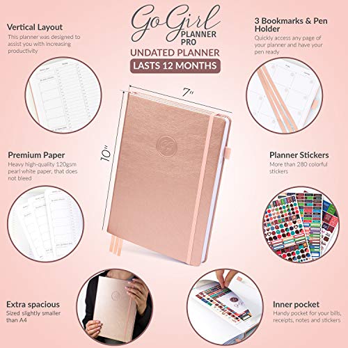 Gogirl Planner Pro Schedule - Undated Planner With Hourly Time Slots, Monthly, Weekly & Daily Organizer, Appointment Book For Time Management, 7"X10" Hardcover, Lasts 1 Year - Rose Gold #TOP1