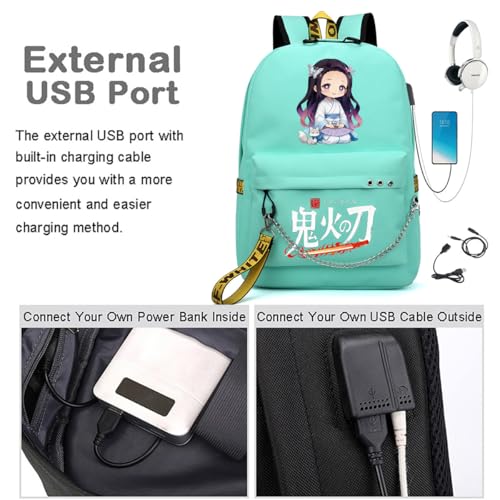 Image of ZJYJING Anime Backpack for School Laptop Backpack with USB Port, Casual Travel Casual Daypack for Teens Girls (Green-T)