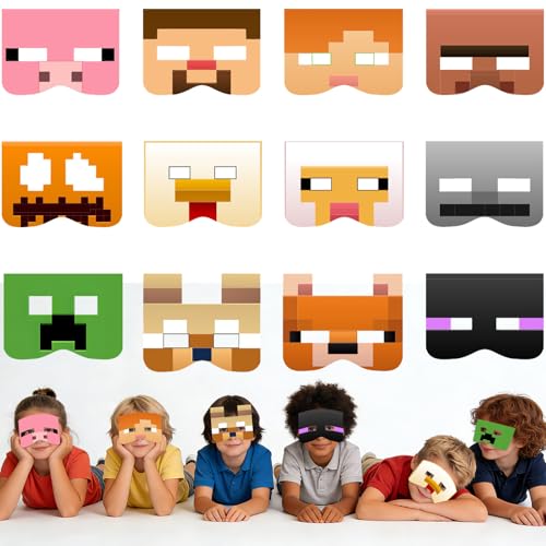 yumcute 12 Pack Kids Party Masks Paper Role Play Costume Masks with Elastic Bands for Birthday, Halloween, Carnival & Dress Up Parties Boys Girls Party Supplies (12 Assorted Designs)