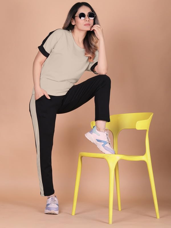 Image of DTR FASHION Polyester Blend Shoulder Stripes Tracksuit | Night Wear Suit For Women