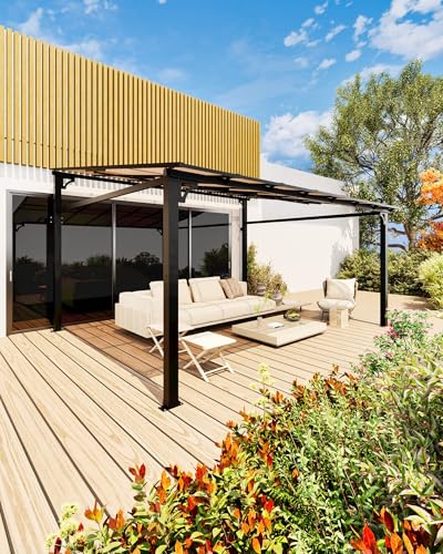 12'x 16' Lean to Gazebo, Hardtop Wall Pergola with Polycarbonate Roof, Aluminum Frame Slant Mounted Gazebo for Lawn Patio Deck Yard and Party