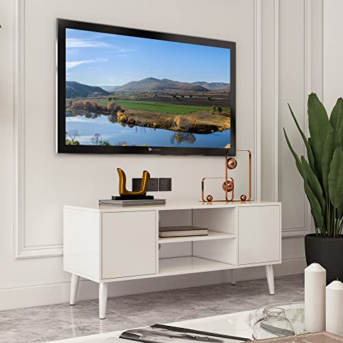 Yusong Retro Tv Stand For 55 Inch Tv, Entertainment Centers For Living Room Bedroom, Wood Tv Bench Table Tv Console Tv Cabinet With 2 Storage Cabinets And Open Shelves, Whie #TOP2