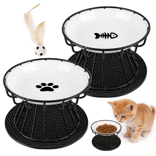 2 Stück Erhöhte Katzennäpfe aus Keramik mit Silikon-Napfunterlage und Metallständer, Zervixschutz-Katzennapf, Erhöhter Futternapf Katze,...