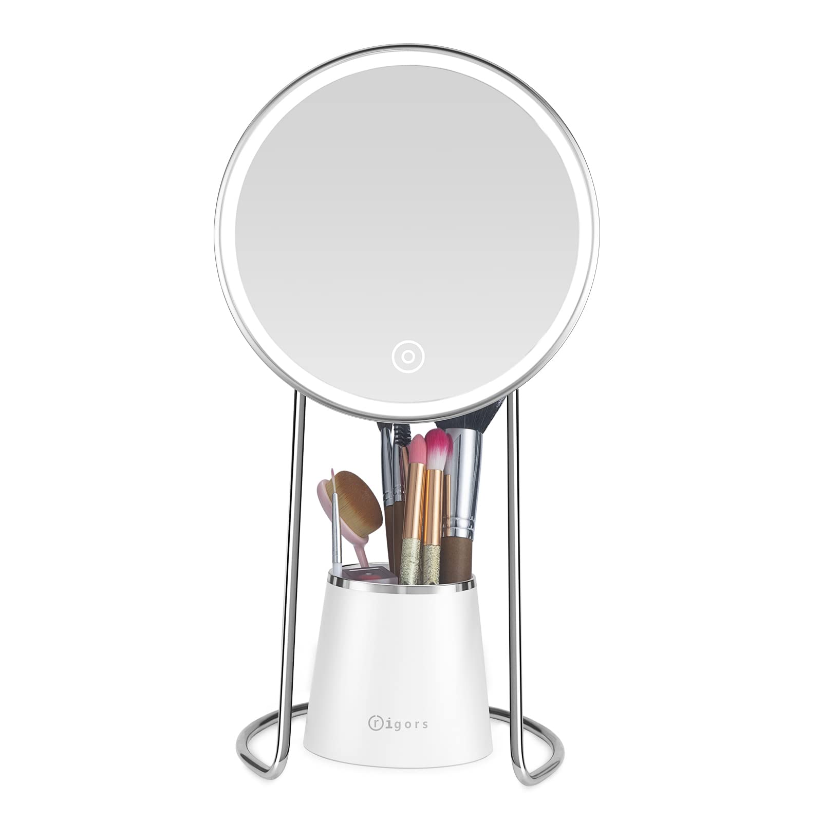 rigorsMakeup Mirror with Lights ，Lighted Makeup Mirror 90° Rotation Touch Screen Vanity Mirror，Brightness Adjustable LED Makeup Mirrors ，Vanity Mirror with Light Carrying Makeup Bucket (White)