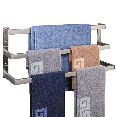 NearMoon Bathroom Towel Bar, Towel Rod Holder, Square Shelf Rack Hanging Towel for Bath, Thicken SUS304 Stainless Steel Towel Rack Wall Mounted-3-Tier Bath Accessories (24 Inch, Brushed Nickel)